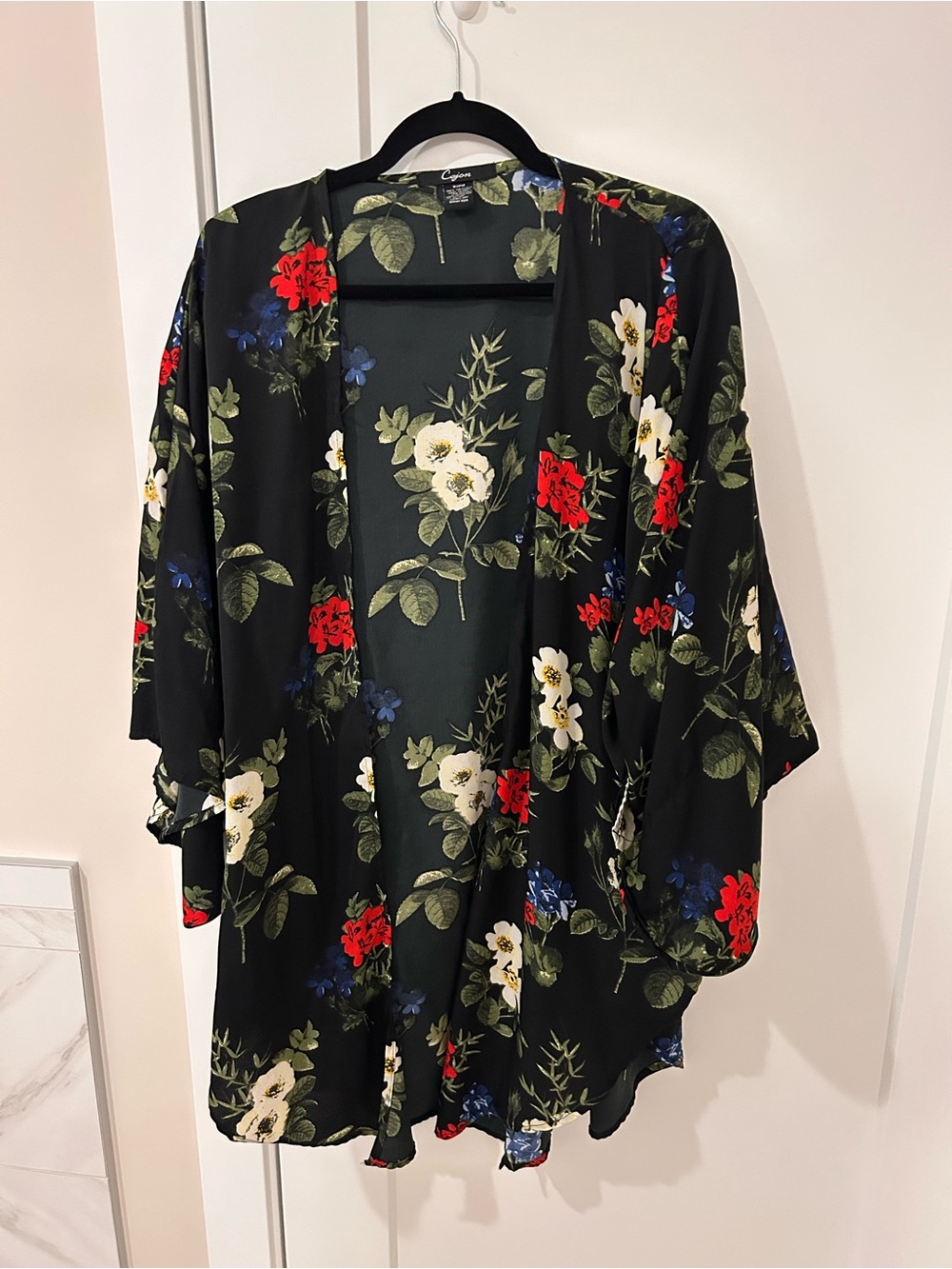 Cejon Black Floral Kimono with Green Leaves & Blue Blooms